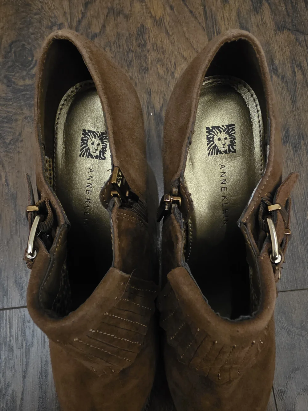 Anne Klein Brown Suede Fringe Buckle Ankle Booties